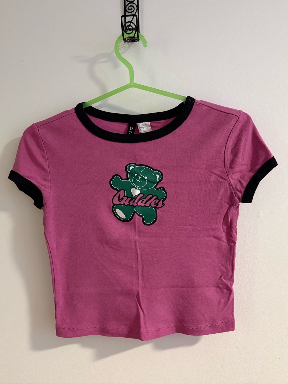 H&M Pink Ringer Tee with Green Bear 'Cuddles' Graphic